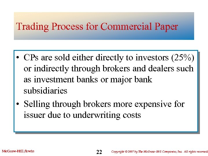Trading Process for Commercial Paper • CPs are sold either directly to investors (25%)