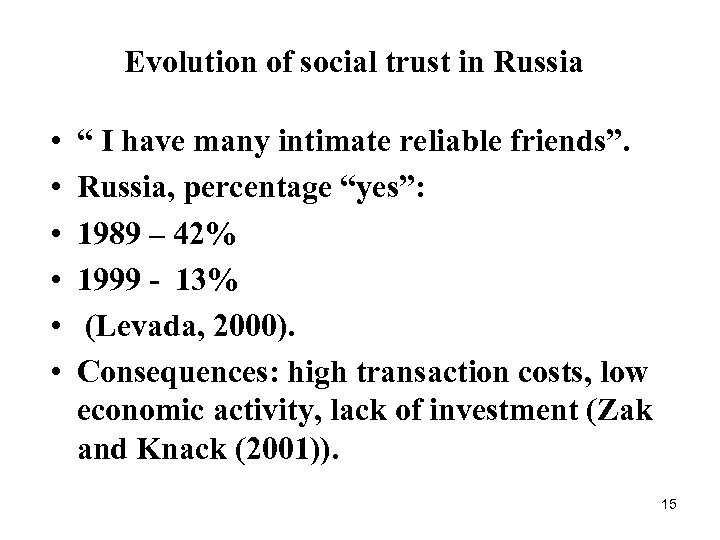 Evolution of social trust in Russia • • • “ I have many intimate