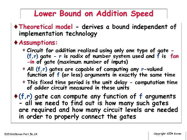 Lower Bound on Addition Speed ¨Theoretical model - derives a bound independent of implementation