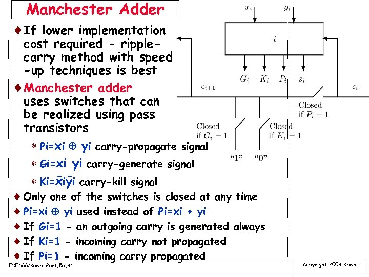 Manchester Adder ¨If lower implementation cost required - ripplecarry method with speed -up techniques