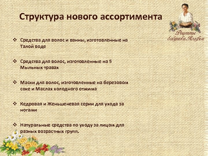 Структура нового ассортимента v Средства для волос и ванны, изготовленные на Талой воде v