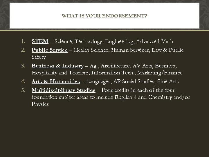 WHAT IS YOUR ENDORSEMENT? 1. 2. 3. 4. 5. STEM – Science, Technology, Engineering,