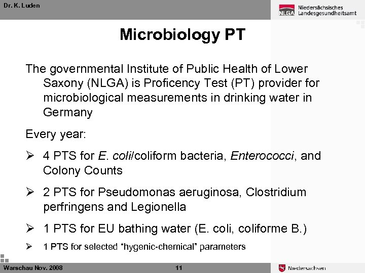 Dr. K. Luden Microbiology PT The governmental Institute of Public Health of Lower Saxony