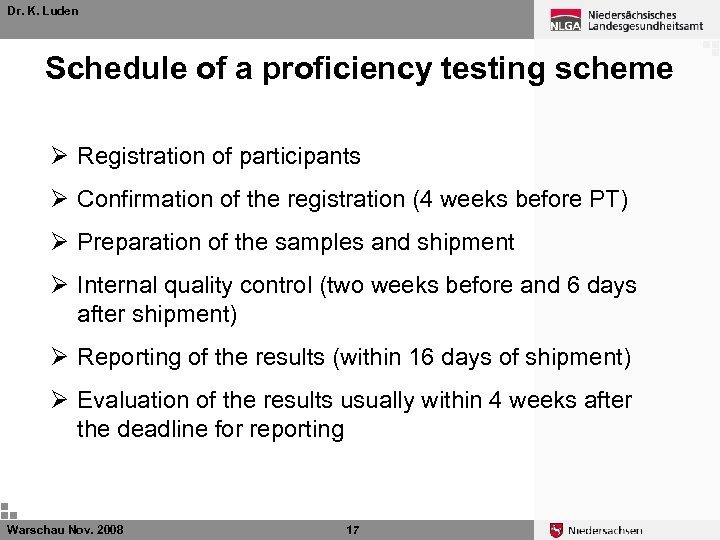 Dr. K. Luden Schedule of a proficiency testing scheme Ø Registration of participants Ø