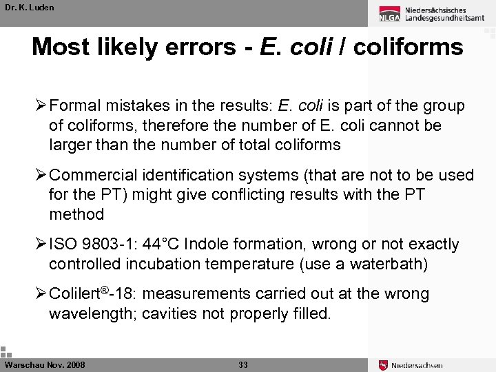 Dr. K. Luden Most likely errors - E. coli / coliforms Ø Formal mistakes