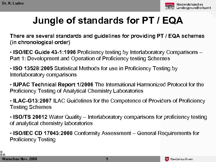 Dr. K. Luden Jungle of standards for PT / EQA There are several standards