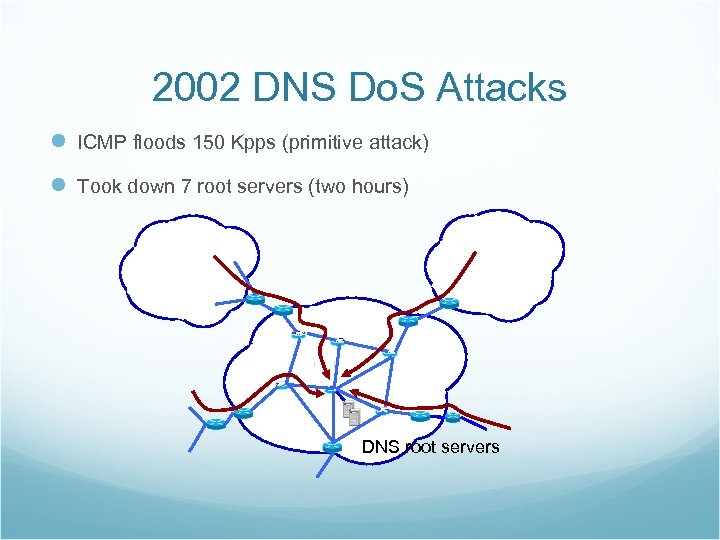 2002 DNS Do. S Attacks l ICMP floods 150 Kpps (primitive attack) l Took