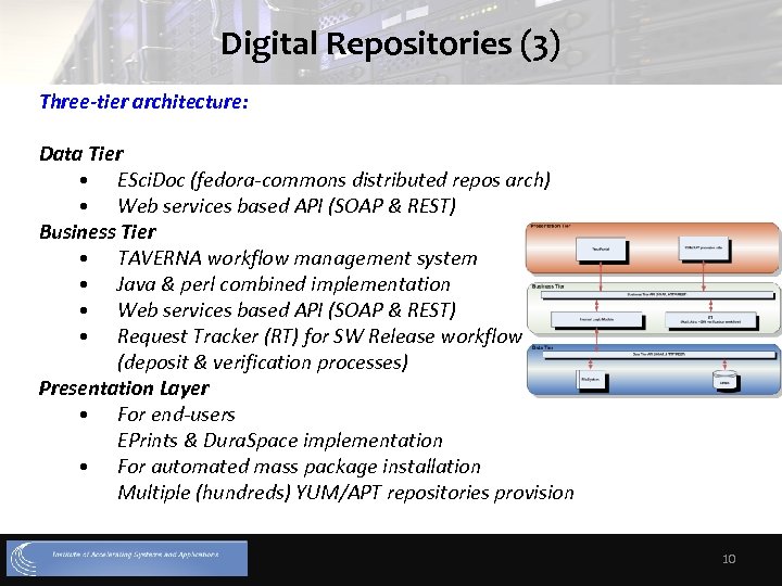 Digital Repositories (3) Three-tier architecture: Data Tier • ESci. Doc (fedora-commons distributed repos arch)