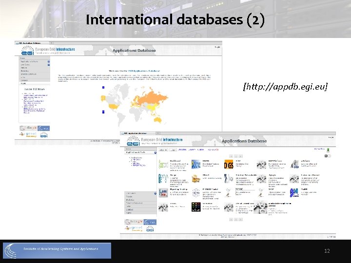 International databases (2) [http: //appdb. egi. eu] 12 