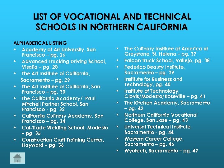 LIST OF VOCATIONAL AND TECHNICAL SCHOOLS IN NORTHERN CALIFORNIA ALPHABETICAL LISTING • Academy of