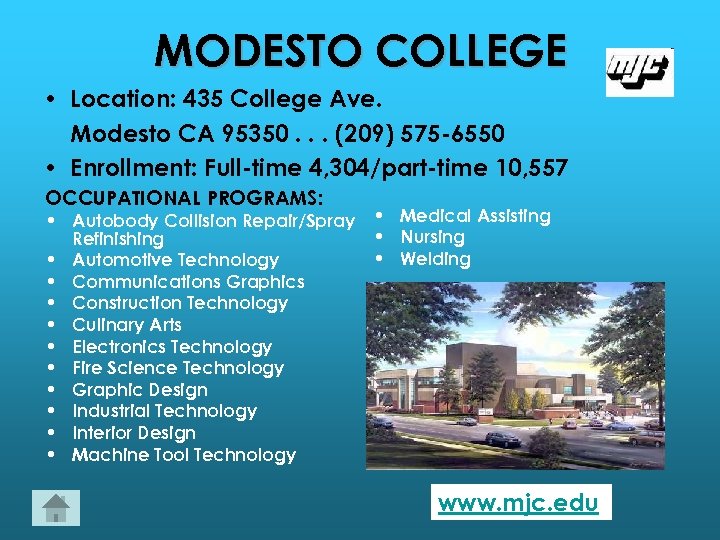 MODESTO COLLEGE • Location: 435 College Ave. Modesto CA 95350. . . (209) 575