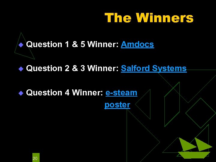 The Winners u Question 1 & 5 Winner: Amdocs u Question 2 & 3