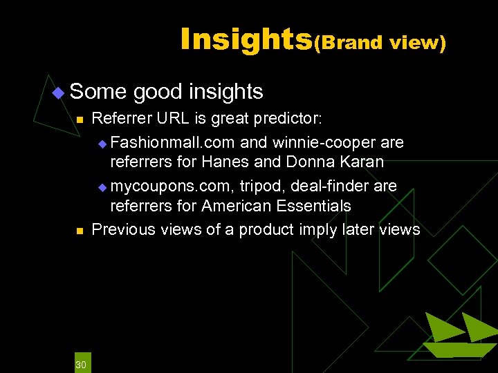 Insights(Brand view) u Some good insights n n 30 Referrer URL is great predictor: