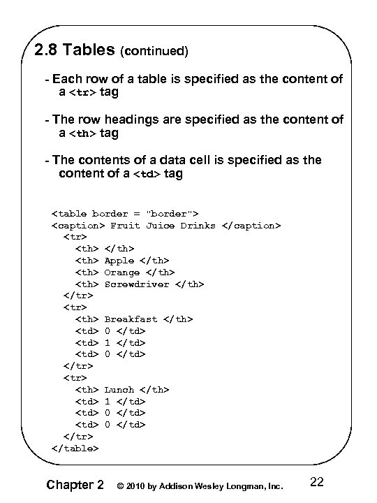 2. 8 Tables (continued) - Each row of a table is specified as the