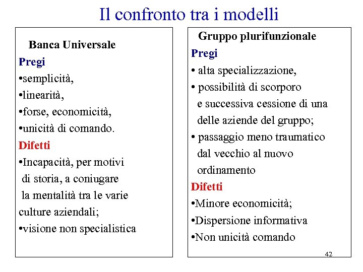 Il confronto tra i modelli Banca Universale Pregi • semplicità, • linearità, • forse,