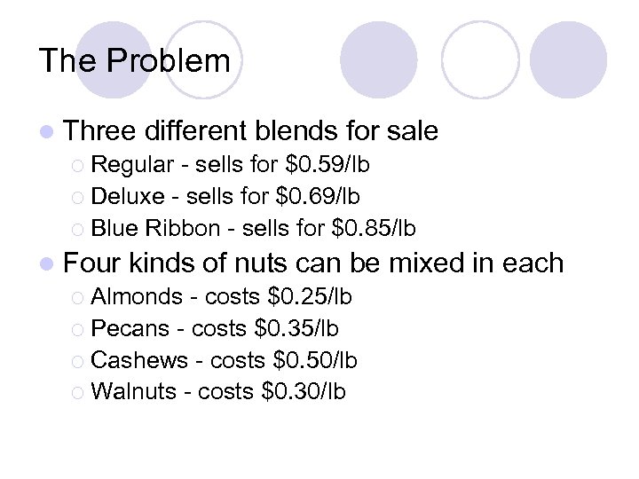 The Problem l Three different blends for sale ¡ Regular - sells for $0.