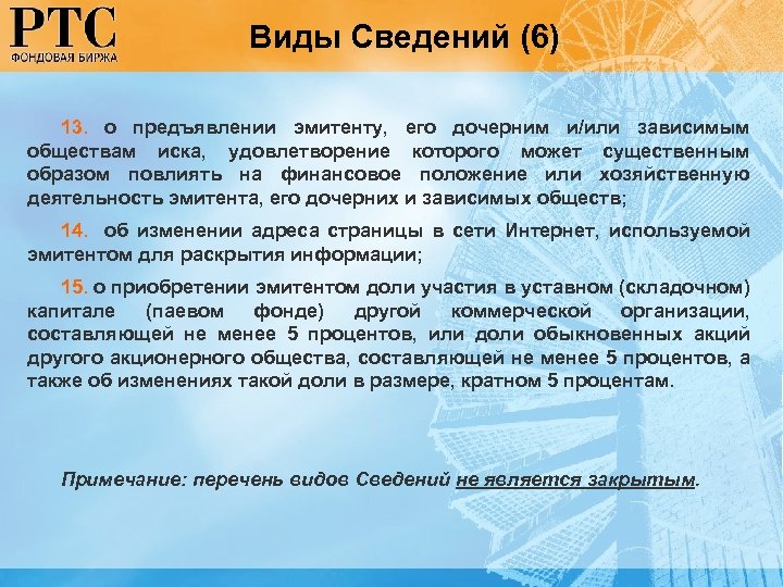 Виды Сведений (6) 13. о предъявлении эмитенту, его дочерним и/или зависимым обществам иска, удовлетворение