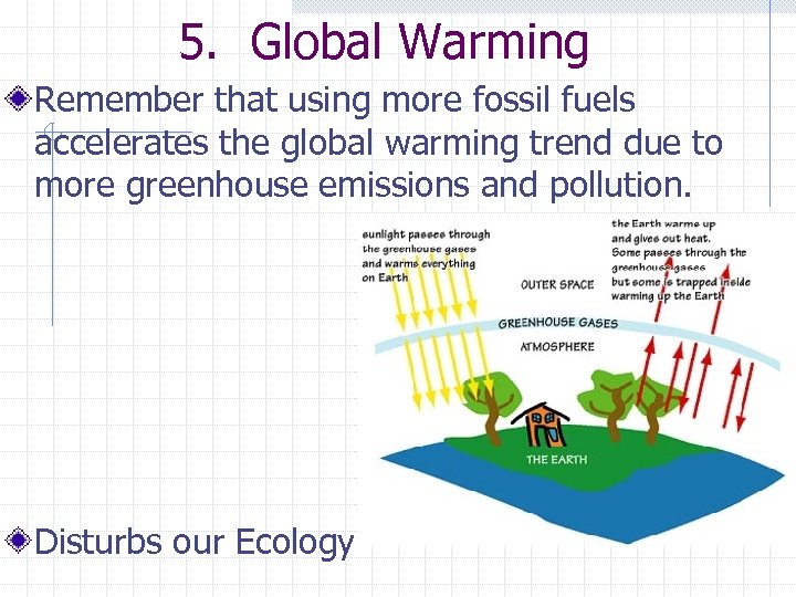 5. Global Warming Remember that using more fossil fuels accelerates the global warming trend