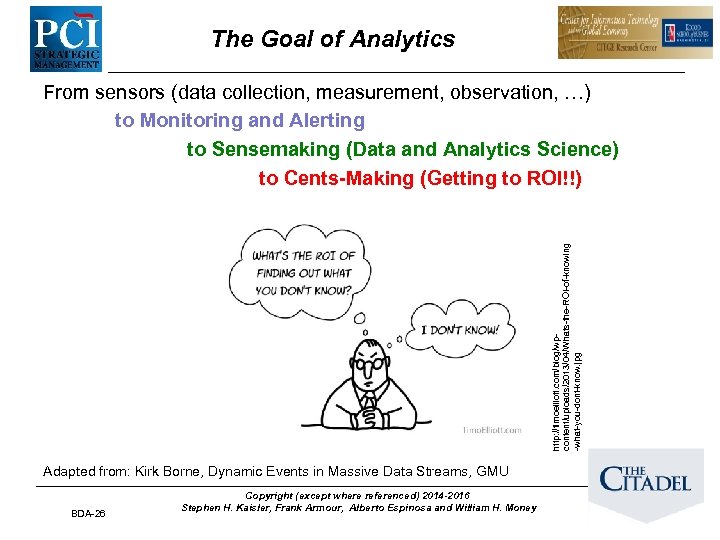 The Goal of Analytics http: //timoelliott. com/blog/wpcontent/uploads/2013/04/Whats-the-ROI-of-knowing -what-you-dont-know. jpg From sensors (data collection, measurement,