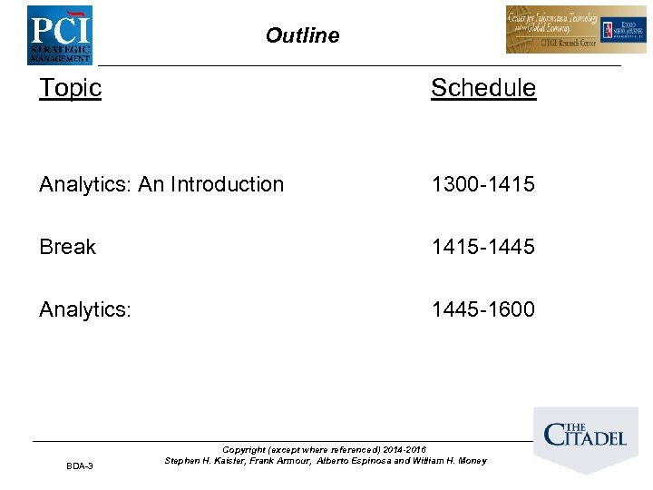 Outline Topic Schedule Analytics: An Introduction 1300 -1415 Break 1415 -1445 Analytics: 1445 -1600