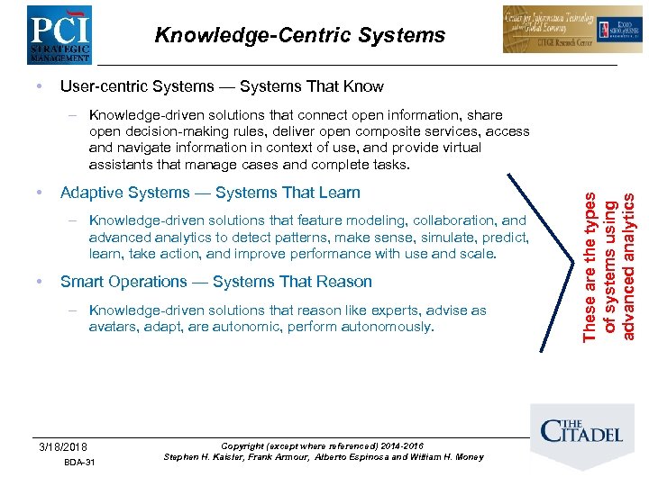 Knowledge-Centric Systems • User-centric Systems — Systems That Know • Adaptive Systems — Systems