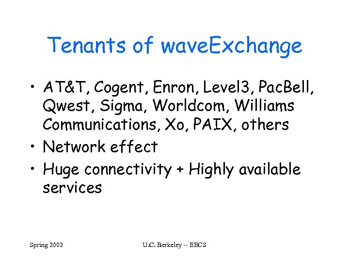 Tenants of wave. Exchange • AT&T, Cogent, Enron, Level 3, Pac. Bell, Qwest, Sigma,
