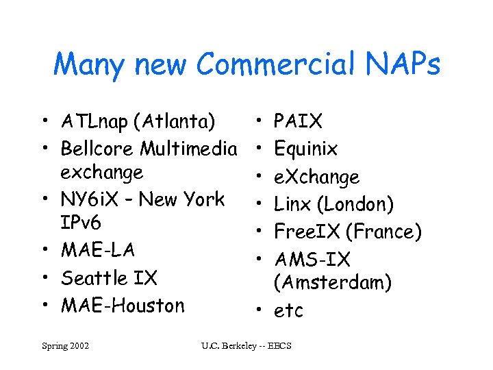 Many new Commercial NAPs • ATLnap (Atlanta) • Bellcore Multimedia exchange • NY 6