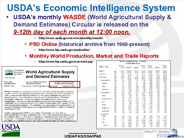 USDA’s Economic Intelligence System • USDA’s monthly WASDE (World Agricultural Supply & Demand Estimates)