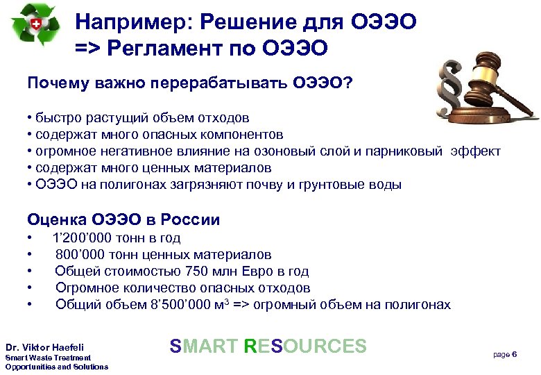 Например: Решение для OЭЭО => Регламент по OЭЭО Почему важно перерабатывать OЭЭО? • быстро