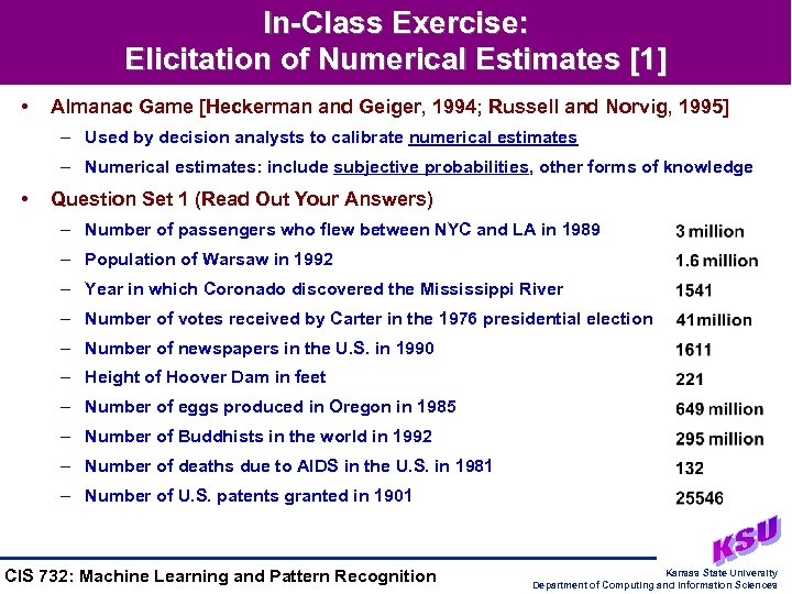 In-Class Exercise: Elicitation of Numerical Estimates [1] • Almanac Game [Heckerman and Geiger, 1994;