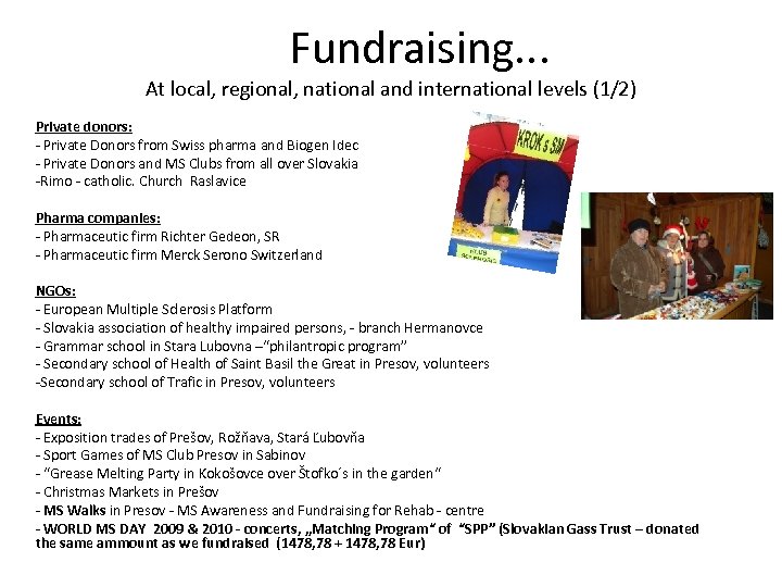 Fundraising. . . At local, regional, national and international levels (1/2) Private donors: -