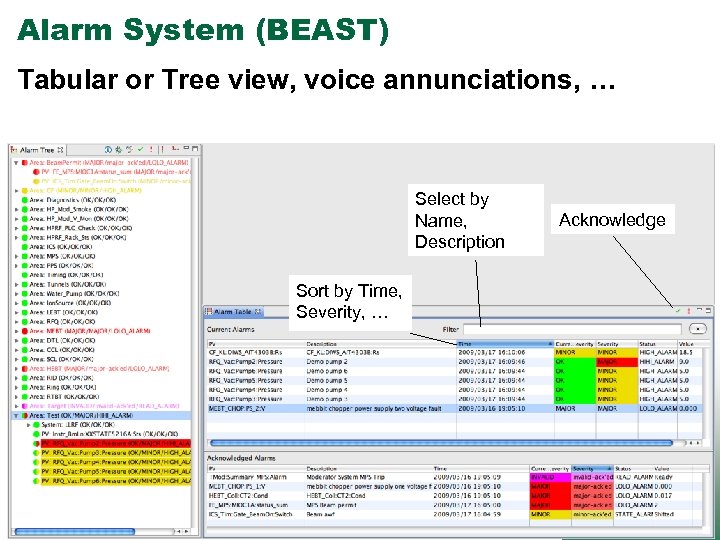 Alarm System (BEAST) Tabular or Tree view, voice annunciations, … Select by Name, Description