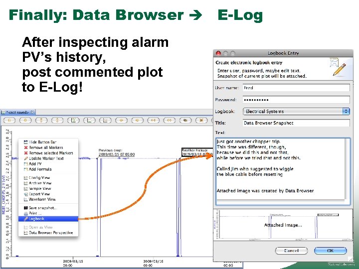 Finally: Data Browser E-Log After inspecting alarm PV’s history, post commented plot to E-Log!