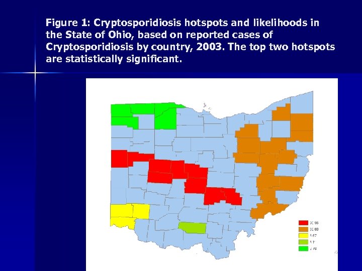 Figure 1: Cryptosporidiosis hotspots and likelihoods in the State of Ohio, based on reported