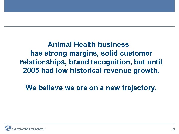 Animal Health business has strong margins, solid customer relationships, brand recognition, but until 2005