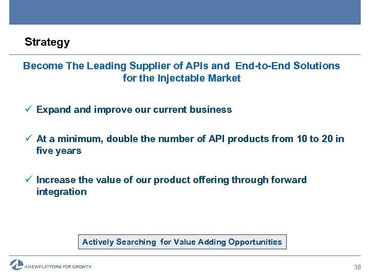 Strategy Become The Leading Supplier of APIs and End-to-End Solutions for the Injectable Market