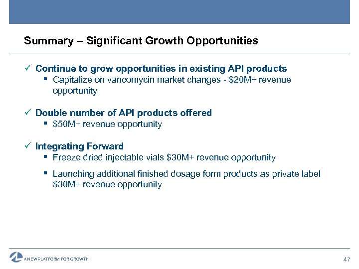 Summary – Significant Growth Opportunities ü Continue to grow opportunities in existing API products