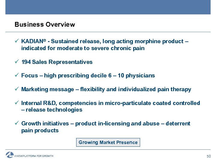 Business Overview ü KADIAN® - Sustained release, long acting morphine product – indicated for
