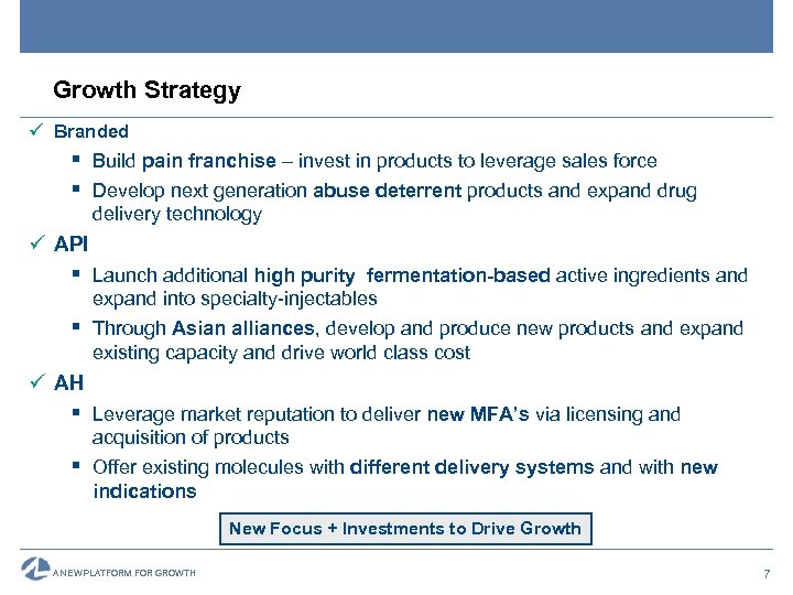 Growth Strategy ü Branded § Build pain franchise – invest in products to leverage