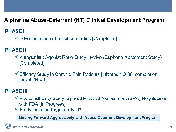 Alpharma Abuse-Deterrent (NT) Clinical Development Program PHASE I ü 5 Formulation optimization studies [Completed]