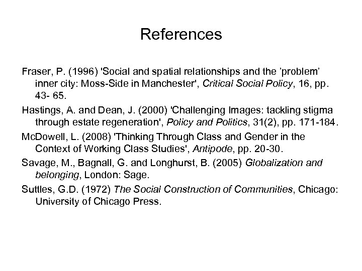 References Fraser, P. (1996) 'Social and spatial relationships and the ’problem’ inner city: Moss-Side