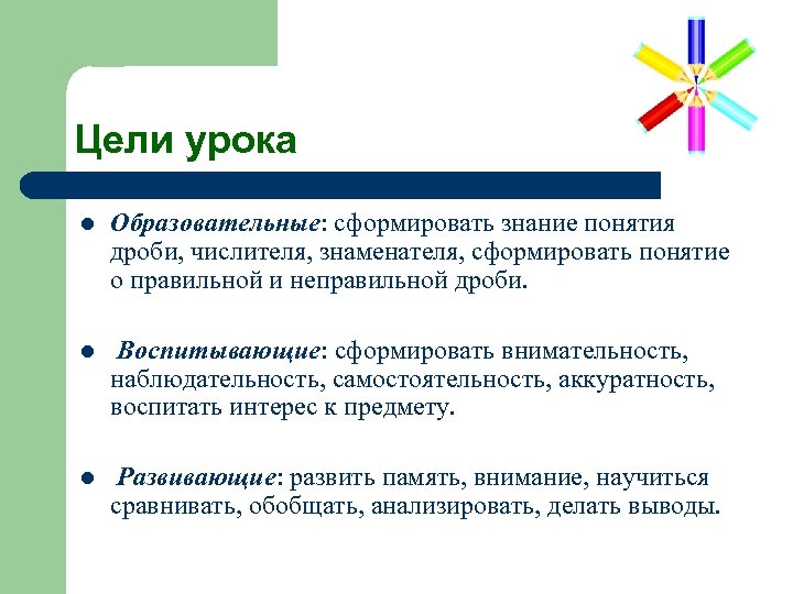 Цели урока l Образовательные: сформировать знание понятия дроби, числителя, знаменателя, сформировать понятие о правильной