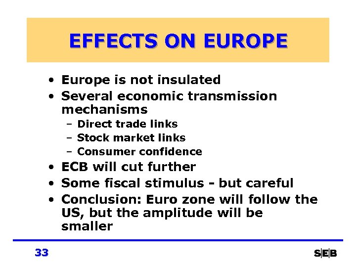 EFFECTS ON EUROPE • Europe is not insulated • Several economic transmission mechanisms –