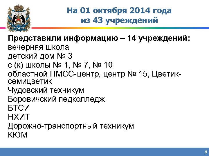 На 01 октября 2014 года из 43 учреждений Представили информацию – 14 учреждений: вечерняя