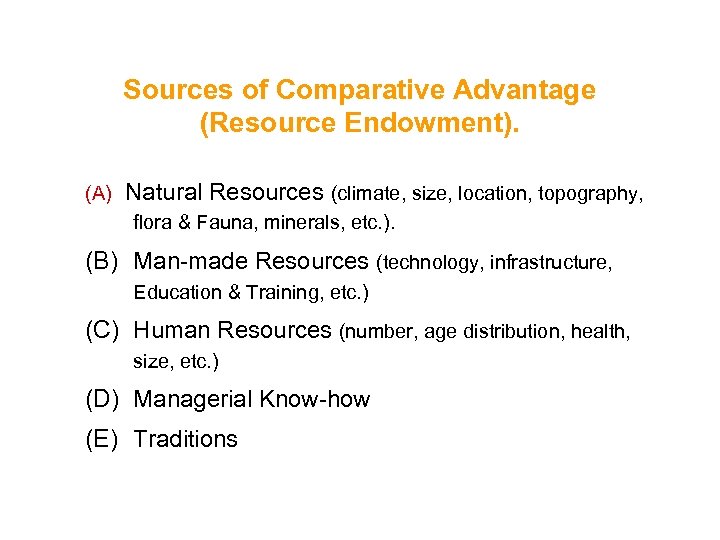 Sources of Comparative Advantage (Resource Endowment). (A) Natural Resources (climate, size, location, topography, flora