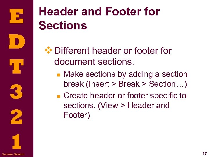 E D T 3 2 1 Summer Session Header and Footer for Sections v