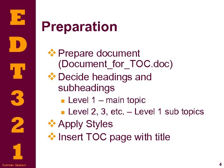 E D T 3 2 1 Summer Session Preparation v Prepare document (Document_for_TOC. doc)