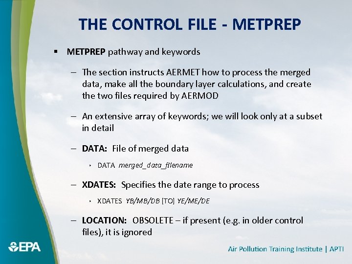 THE CONTROL FILE - METPREP § METPREP pathway and keywords – The section instructs
