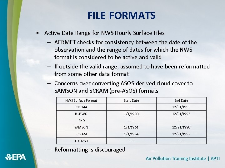 FILE FORMATS § Active Date Range for NWS Hourly Surface Files – AERMET checks