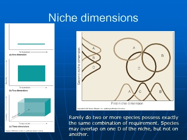 Niche dimensions Rarely do two or more species possess exactly the same combination of
